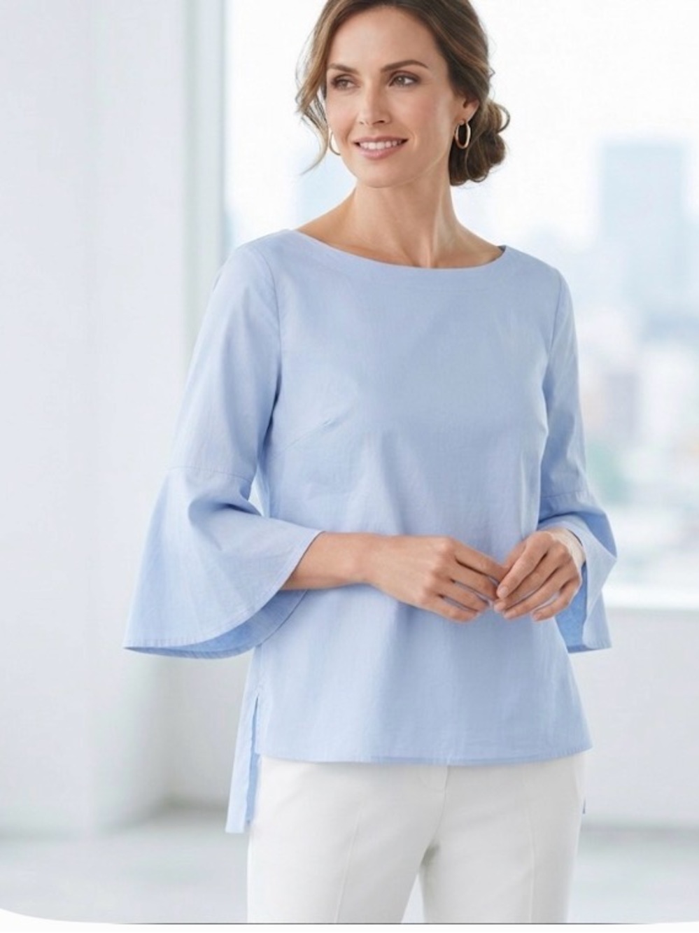 CARACTERE Italian Light Blue Bell Sleeve Blouse Size 14 Cotton Stretch Boatneck